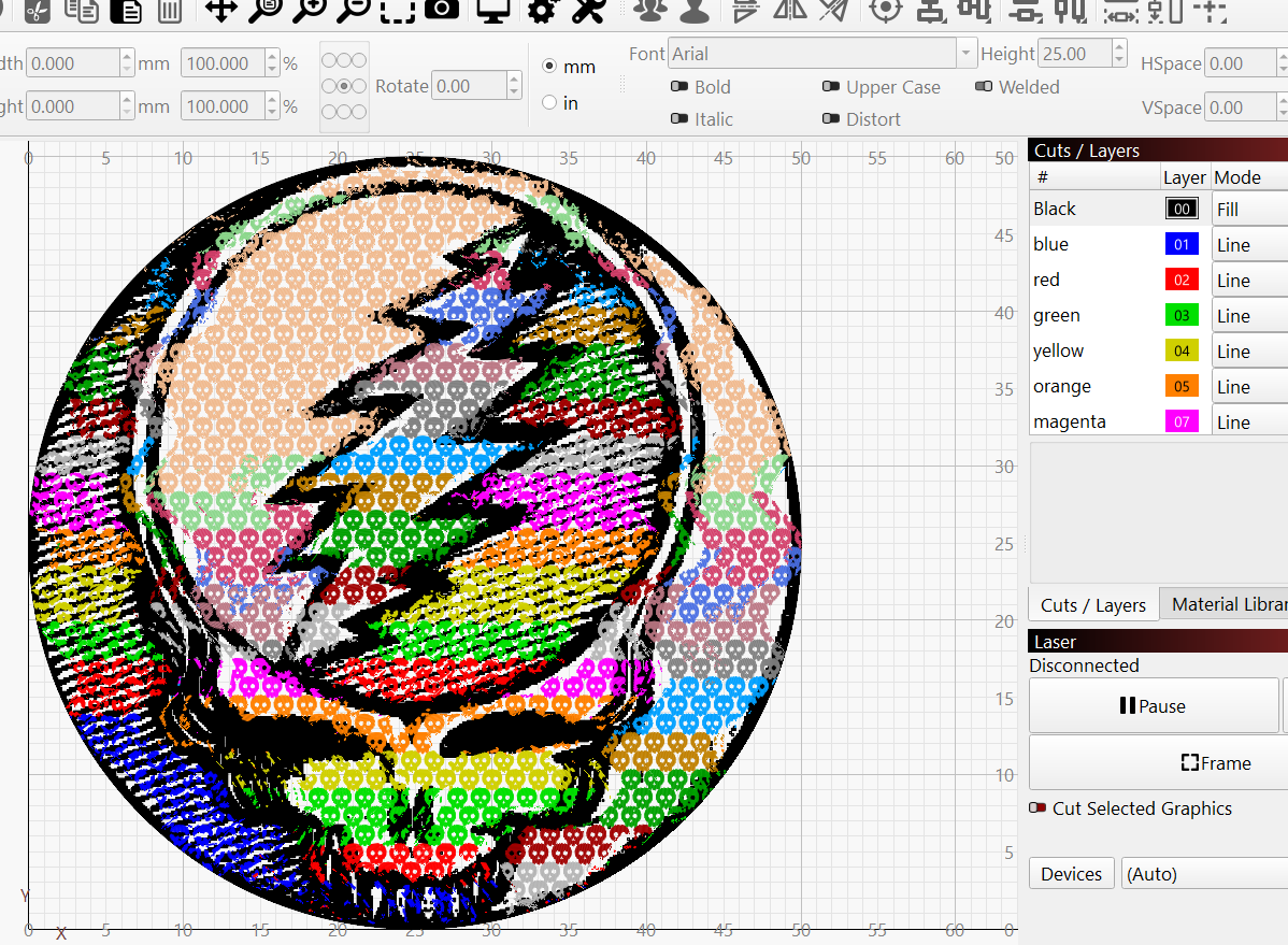 Skull-shaped glyph geometry generated from the source artwork and displayed in LightBurn