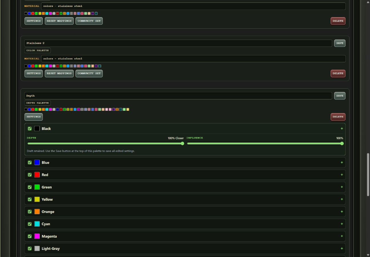 Depth Palette editor with individual color controls